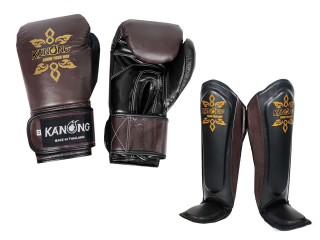 Kanong Cowhide Boxing Gloves and matching Shin Pads : Brown/Black